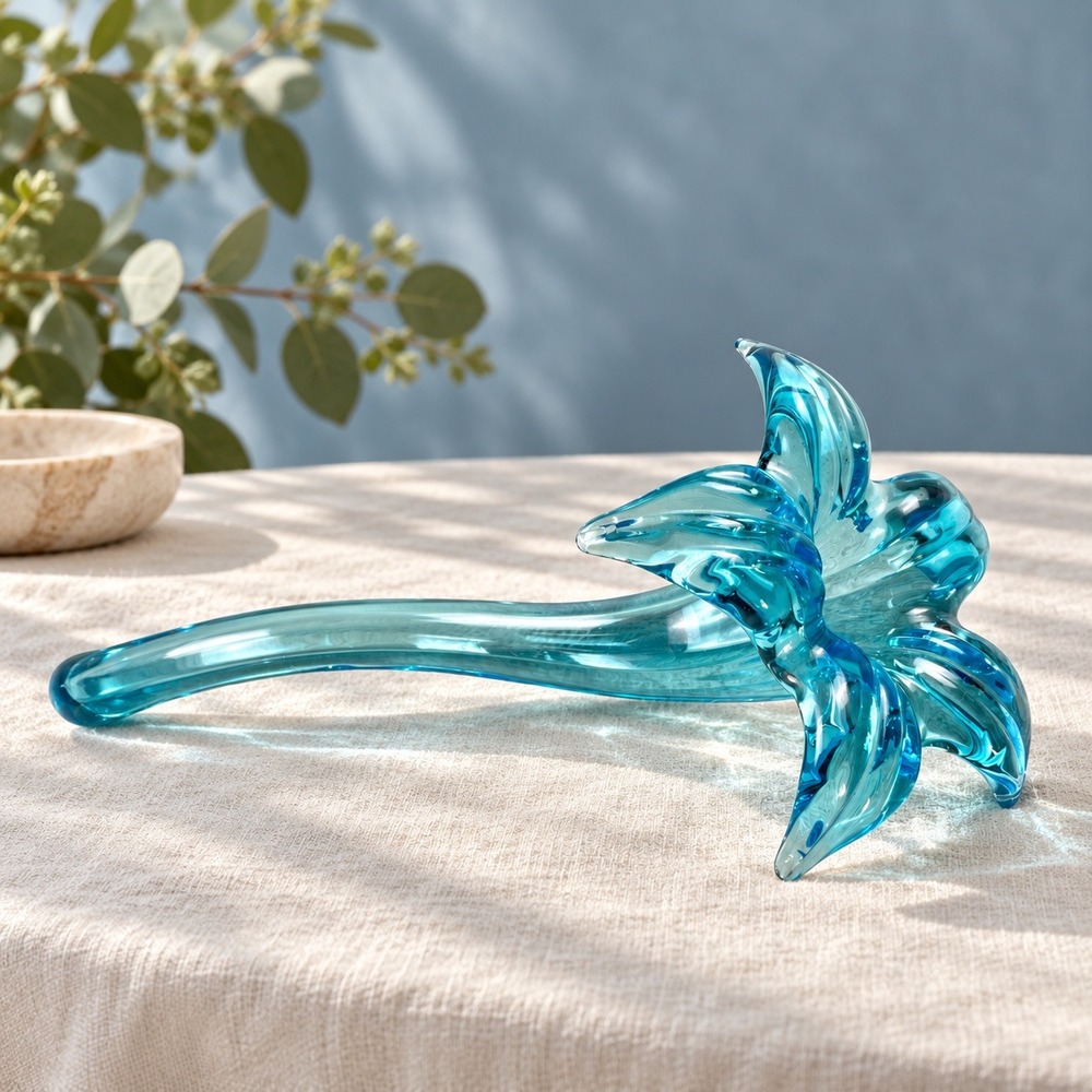 Hand Blown Art Glass Lily Flower Figurine Turquoise Blue Curved Stem 10 inch